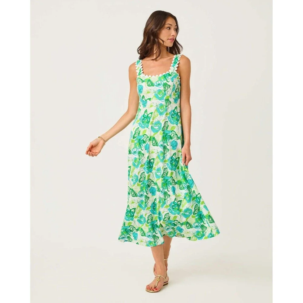 Lilly Pulitzer Dwyer Midi Dress Resort White Monarch Rose Jersey-Size S